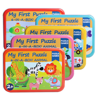 Children Creative Early education puzzle six together a tin box jigsaw puzzle Cartoon Wooden toy jigsaw puzzle