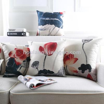  neoclassical Chinese lotus sofa pillow with thick cotton flax leaf cushion for leaning on decoration waist