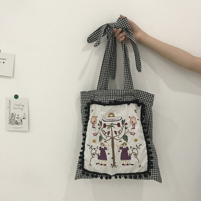 Girl embroidery single shoulder canvas bag Japanese department red lattice DIY shoulder belt bow cross bag lady