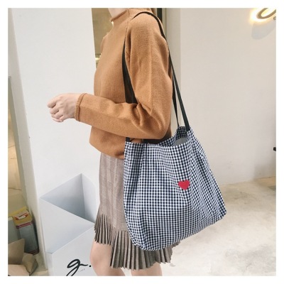 Chic ins retro girl love mori department art tartan canvas bag embroidery patch cloth portable shopping bag
