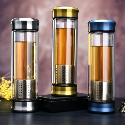400ml Two-End Double Layer Glass Cup Insulation Anti-Scald Filter Water Cup Office Tea Cup Business Gift Cup Customization