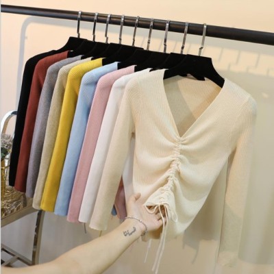 Women's core yarn v-neck pull-out knitted sweater slim pullover with undercoat