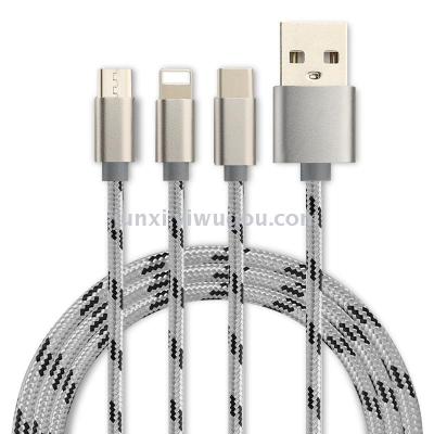 Three-in-one usb phone quick charge apple android type-c cable with one tow of three data cables
