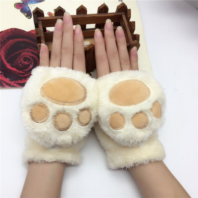 Female bear paw flap half finger touch screen exposed finger plush gloves manufacturer wholesale