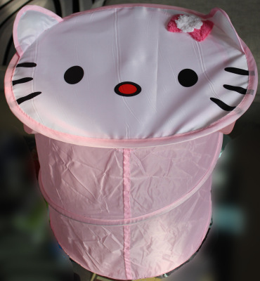 Factory Direct Sales Polyester Cloth KT Cat Storage Bucket Organizer Dirty Clothes Bag Cartoon round Laundry Basket