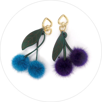 Mink furs PU leaf cute cherry pendant car key chain bag hanging decorations female