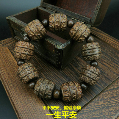 Ethnic Style Eaglewood Carved Buddha Head Beads Bracelet Men's Leather Black Wood the Eighteen Disciples of the Buddha Rosary Bracelet