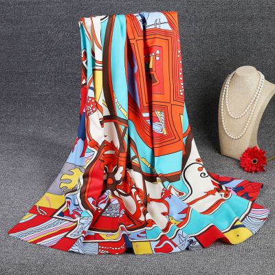 New European and American Style Emulation Silk Scarf Scarf Square Scarf Foreign Trade Original Order Graffiti Beach Towel Factory Wholesale Customization