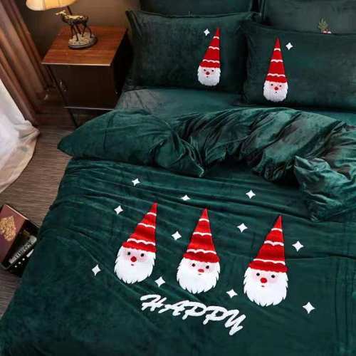 crystal velvet towel embroidery four-piece set comfortable skin-friendly winter warm santa claus dark green