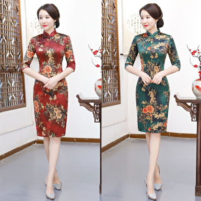 Women dresses autumn r new seven-point sleeve imitation camellia double layer in the middle sleeve long  cheongsam