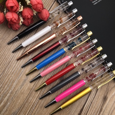Manufacturer new dry flower into oil pen metal ballpoint pen diy floatation pen dry flower crystal pen can be customized