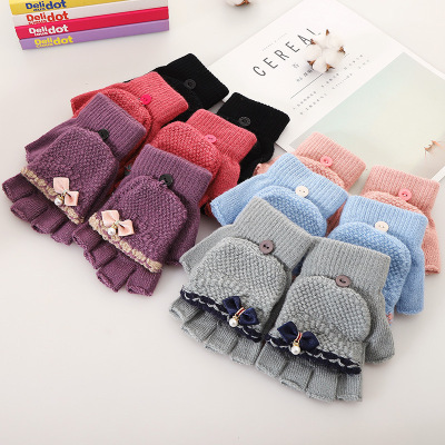 Winter gloves female knitting wool fingerless gloves sweet girl bowknot pearl flap wholesale