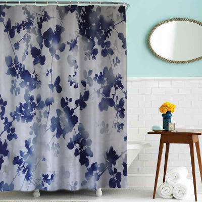 Ink blue leaf flower polyester small curtain waterproof mildew proof metal copper buttonhole can be determined