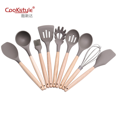 Promote high temperature resistant silicone kitchenware set kitchen non - stick pan cooking spoon shovel wooden handle silicone 9 - piece kitchenware set