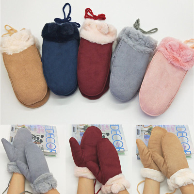 Winter with fleece thickened gloves with mittens hanging neck lady lovely students pure color fur warm factory wholesale