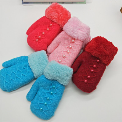 Winter children mittens women warm wool knitting pearls middle children big children students add thickness add velvet lovely autumn