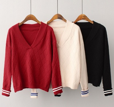 New Hong Kong style large v-neck long sleeve loose two wear sweater pullover with a lazy wind off shoulder sweater