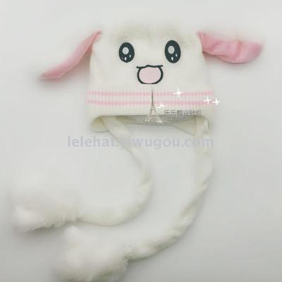 Cute rabbit ears woollen hat with the sound of the same net red one pinches long ears can move children air bag hat