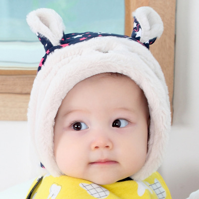 Autumn and Winter New Children Baby Cap Cute Baby Rabbit plus Velvet Thickened Cap Newborn Embroidery Sleeve Cap Wholesale