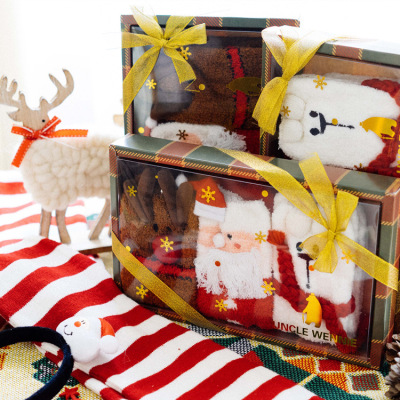 New winter coral fleece socks embroidery cartoon Christmas stockings floor socks three-dimensional ladies gift box
