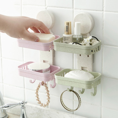 Double layer soap box for wheat straw nail-free paste bathroom soap box rack soap carrier hook
