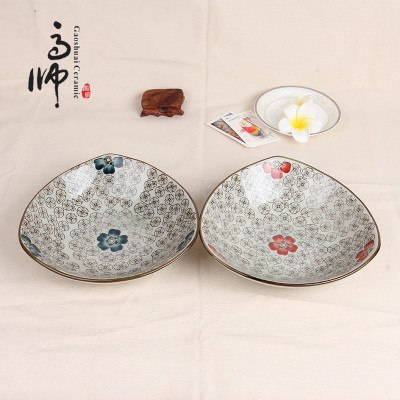 9-Inch Triangle Bowl Factory Direct Sales Japanese Antique Ceramics Tableware Ceramic Bowl Overglazed Color Figure Flower Supply Wholesale