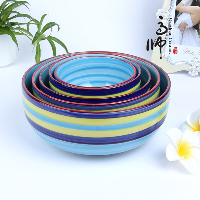 Korean-Style Creative Hand-Painted Rainbow Ceramic Bowl Hotel Tableware Striped Rice Bowl Porcelain Bowl Dish & Plate Set Factory Supply