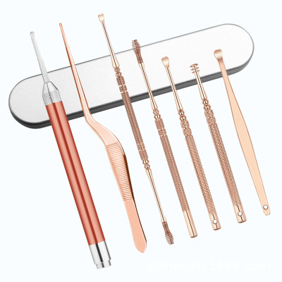 Manufacturer sells 7 pieces stainless steel luminescent ear spoon ear wax forceps visual hollowing ear spoon ear pick 