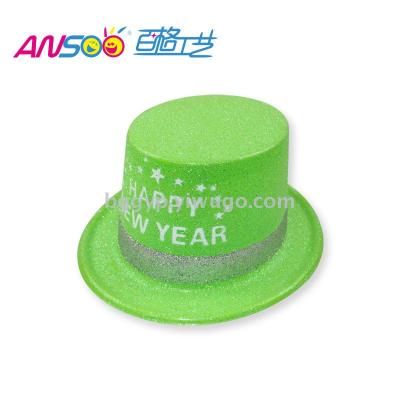 Fluorescent Gold Powder a Tall Hat Printed Happy New Year Plastic Cap Fashion New Year Party Custom Printed Logo Factory Direct Sales