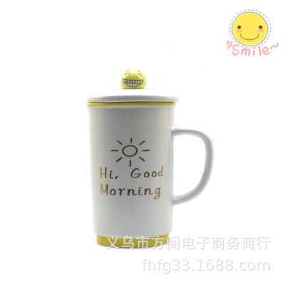 Creative smiling mug with lid and spoon expression ceramic cup with smiling face expression ceramic cup coffee cup