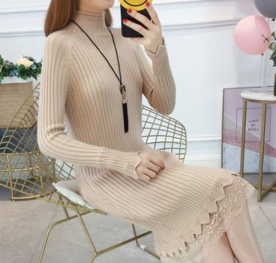 Solid color pullover loose mid - length half - high neck long sleeve lace skirt bottom knitwear woman