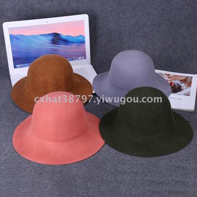 Korean version vintage woollen pure color fisherman's hat folding ripple free edge autumn and winter basin hat black bowler hat