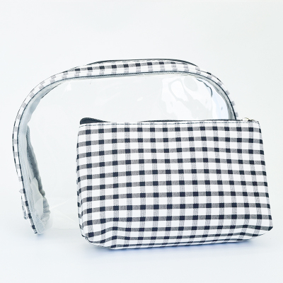 clear PVC bag, plaid canvas two-piece storage bag, make-up bag, waterproof washing bag, manufacturer direct sales