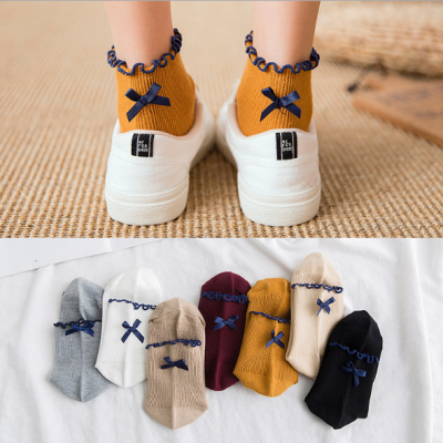 New Japanese harajuku double needle roll edge wooden ear bow pure cotton socks for women cotton socks socks wholesale