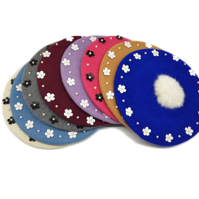 Factory Direct Sales Korean Style Rabbit Fur Ball Wool Neberet Sweet Flowers Pearl Decoration Fur Felt Hat