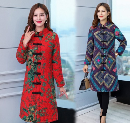 middle-aged and elderly women‘s mom cotton-padded coat autumn and winter new mid-length cotton-padded jacket ethnic style over-the-knee cotton-padded coat