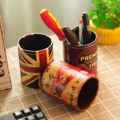 Vintage pen container creative fashion desk storage box multi-functional pen container leather creative