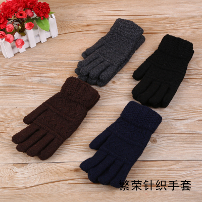 Gloves winter new men's woollen knitting twist double layer thickened with fleece warm Gloves with five fingers