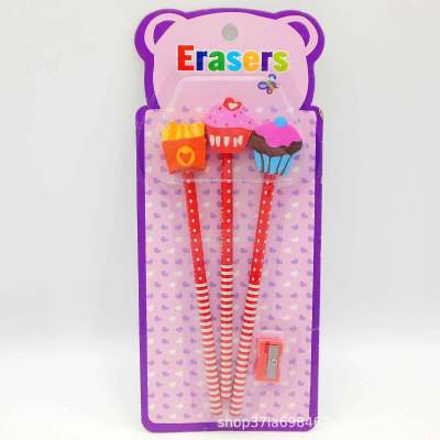Three cake pencil eraser pencil Sharpener Set School Supplies Children's stationery