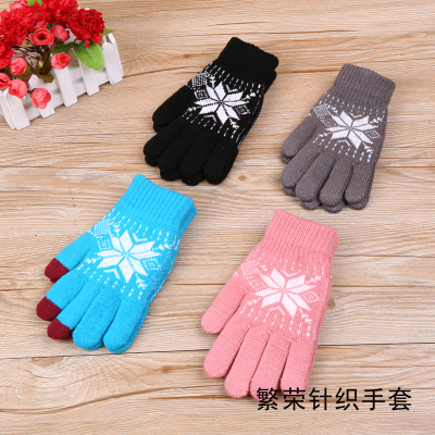 Knitting snowflake gloves wool wool warm touch screen gloves thickened plush points to the female students winter