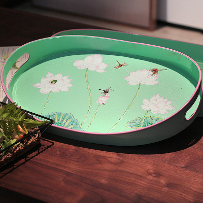 Rural and pastoral painting green bottom lotus rhyme big tray retro decoration iron received furnishings