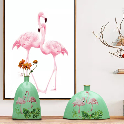 Rural green background flamingos hand-painted bat jar ceramic vase home accessories 