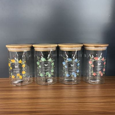 Printed Borosilicate Glass Products Sealed Cans Transparent Savings Bank Food Household Bamboo Cover Kitchen Savings Bank Lead-Free