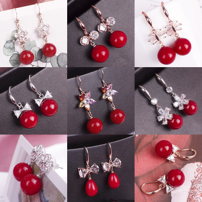Silver 925 anti-allergy New Year bright red wedding earrings trend earrings with versatile earrings