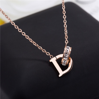 European and American Titanium Steel New Necklace Female Rose Gold Double Ring Letter D Diamond Inlaid Clavicle Chain Fashionable All Match Jewelry Wholesale