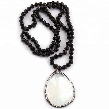 INFANTA JEWELRY Black Crystal Glass Knotted Women Necklaces Handmade Paved Shell Drop Pendant Necklaces