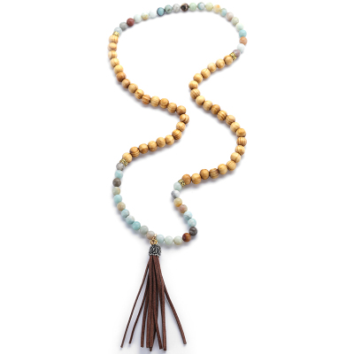 INFANTA JEWELRY Amazonite Stones Beads Wood Beads Leather Tassel Necklaces Women Necklace