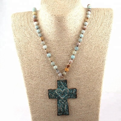 INFANTA JEWELRY Amazonite Gemstone Necklace knotted Women necklaces Cross Pendant Necklace