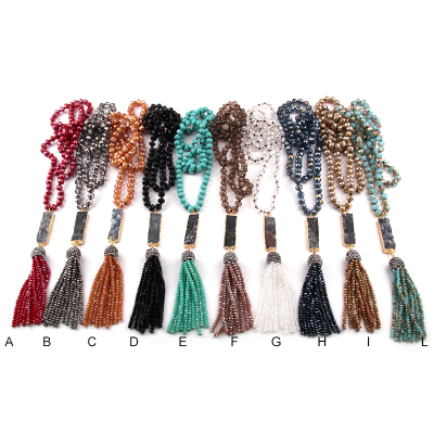 INFANTA JEWELRY Fashion Glass Long Knotted Rectangle Druzy Link Crystal Tassel Necklaces Ethnic Necklace