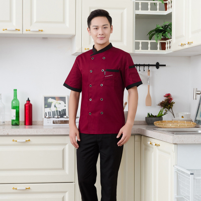 Double-breasted stand-up collar with matching pocket and short sleeve chef's suit